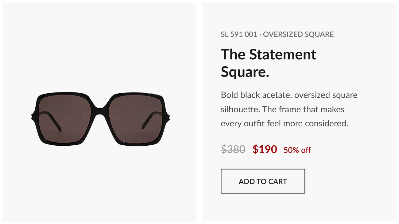 Image of oversized square black acetate sunglasses labeled “SL 591 001,” showing original price $380 reduced to $190 (50% off), with “Add to Cart” CTA.