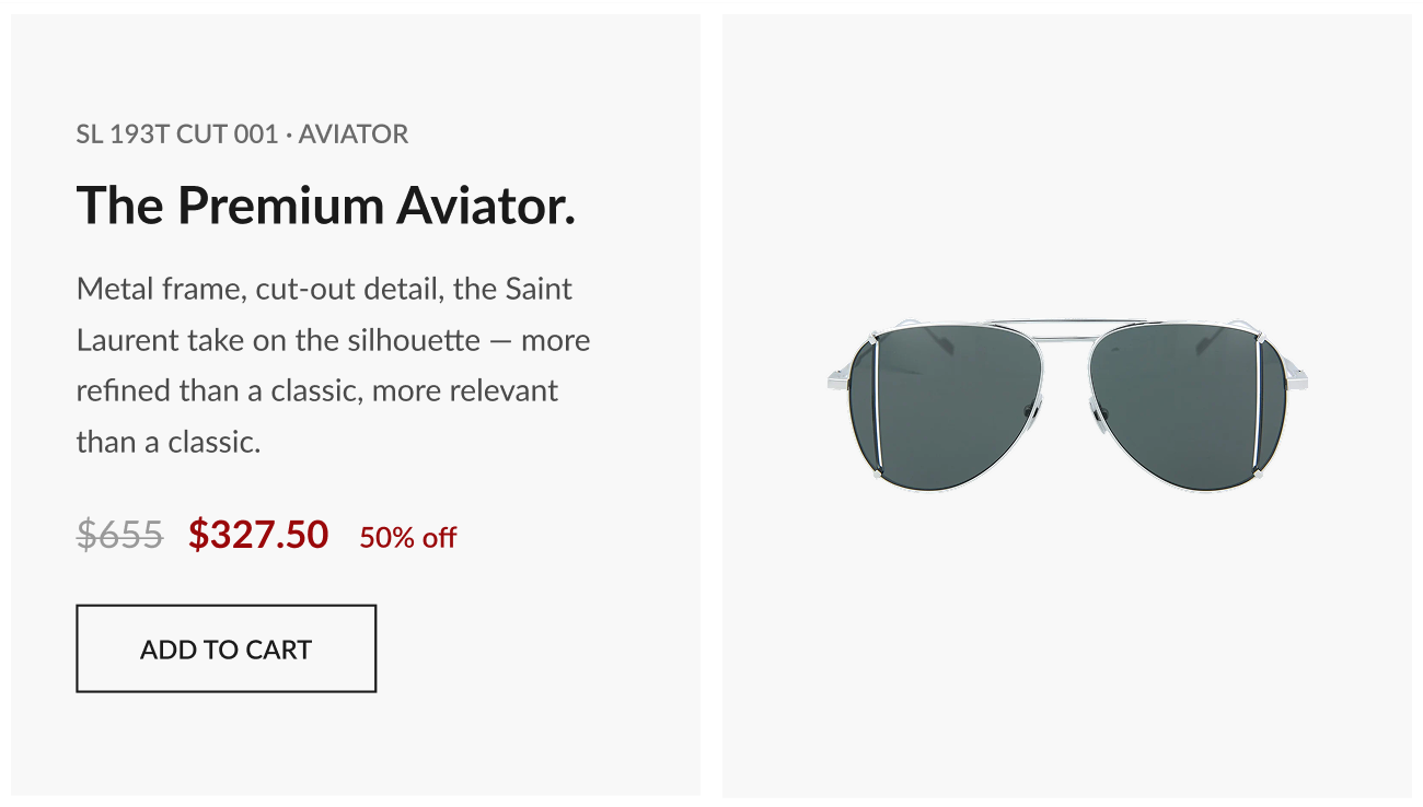 Image of metal aviator sunglasses labeled “SL 193T Cut 001,” showing original price $655 reduced to $327.50 (50% off), with “Add to Cart” CTA.