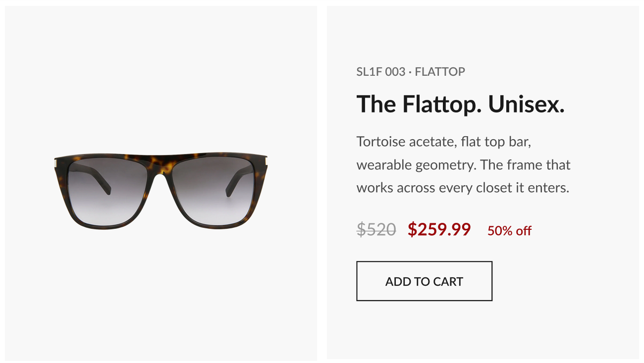 Image of tortoise acetate flattop sunglasses labeled “SL1F 003,” showing original price $520 reduced to $259.99 (50% off), with “Add to Cart” CTA.