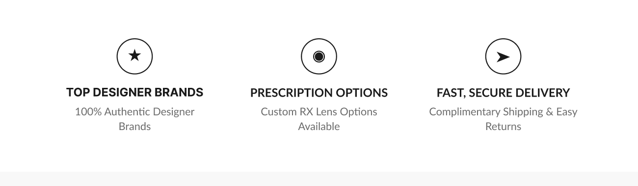 Icons and text highlighting top designer brands, prescription lens options, and fast, secure delivery with easy returns.