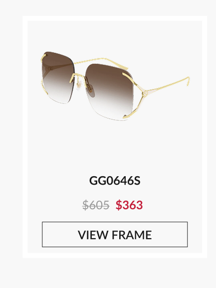 Product image of Gucci GG0646S: Gold metal aviator-style Gucci sunglasses with gradient brown lenses and thin temples, shown with red sale price $363 and call-to-action “View the Frame.”