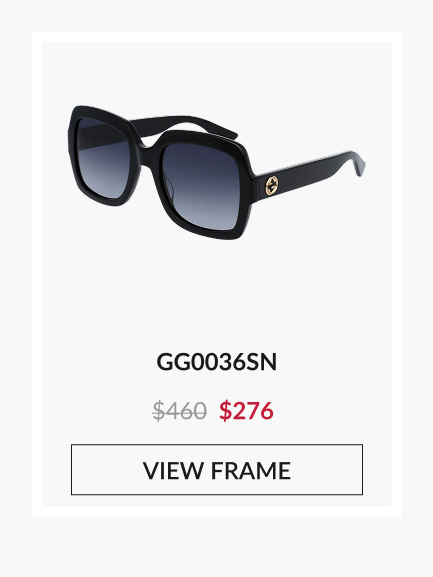 Product image of Gucci GG0036SN: Oversized black square Gucci sunglasses with thick acetate frame, dark gradient lenses, and signature logo at the temples, shown with red sale price $276 and call-to-action “View the Frame.”