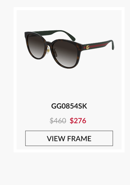 Product image of Gucci GG0854SK: Rounded tortoiseshell Gucci sunglasses with gradient lenses and signature green-red stripe detail at the temples, shown with red sale price $276 and call-to-action “View the Frame.”