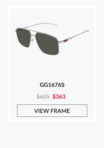 Product image of Gucci GG1676S: Slim rectangular silver metal Gucci sunglasses with dark lenses and minimalist temple design with subtle stripe detail, shown with red sale price $363 and call-to-action “View the Frame.”
