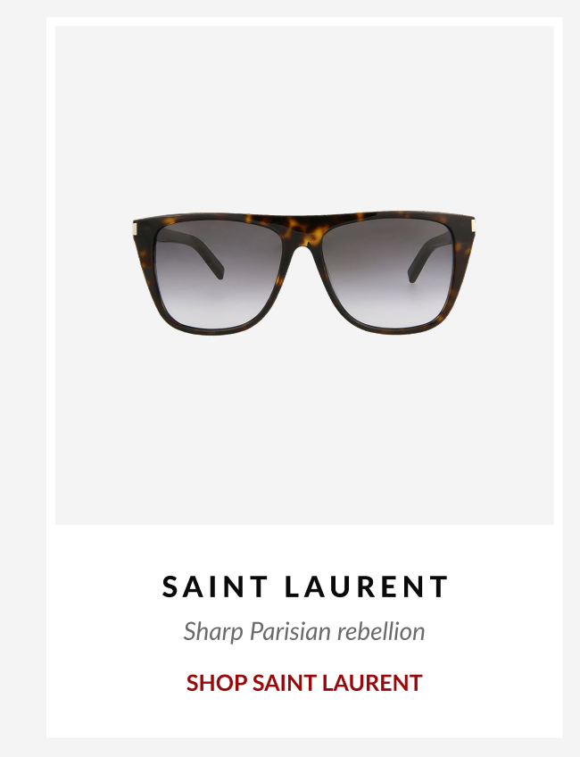 Tortoise Saint Laurent sunglasses displayed with the descriptor “Sharp Parisian rebellion” and a call-to-action button to shop Saint Laurent.