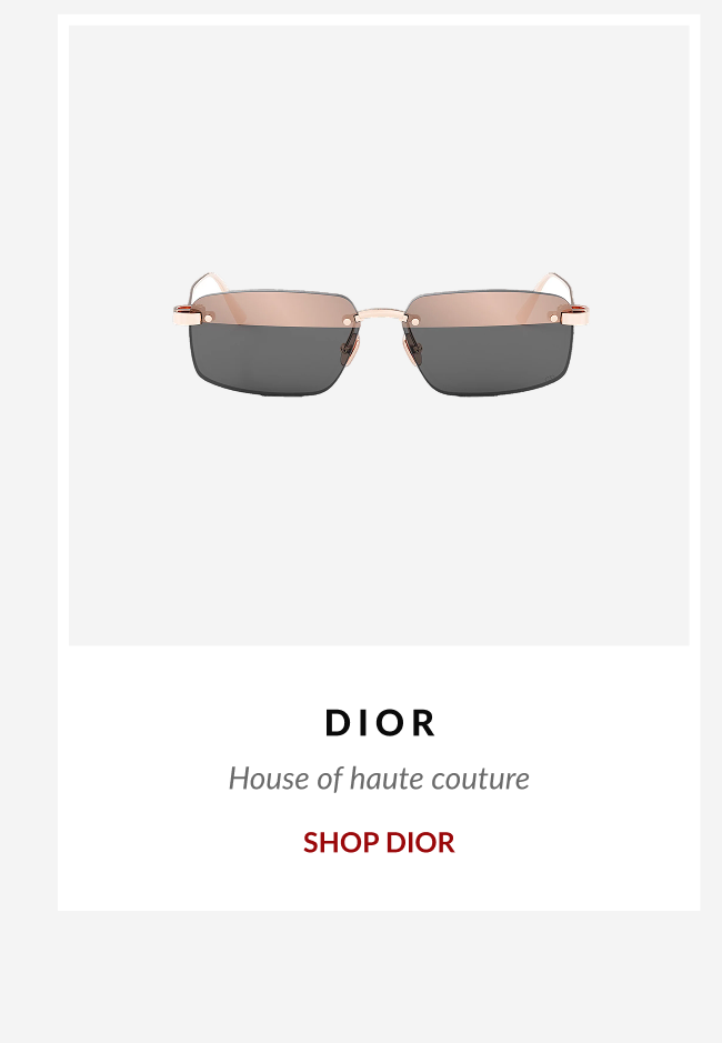 Minimal rimless Dior sunglasses displayed with the descriptor “House of haute couture” and a call-to-action button to shop Dior.