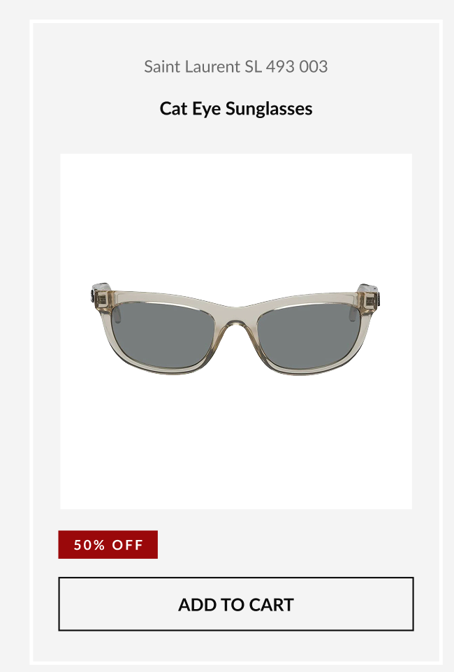 Saint Laurent SL 493 003 cat-eye sunglasses shown with a 50% OFF badge and an “Add to Cart” button.