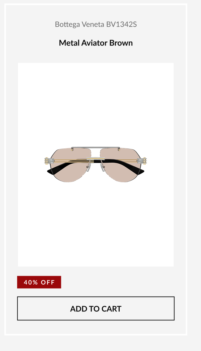 Bottega Veneta BV1342S metal aviator sunglasses displayed with a 40% OFF badge and an “Add to Cart” button.