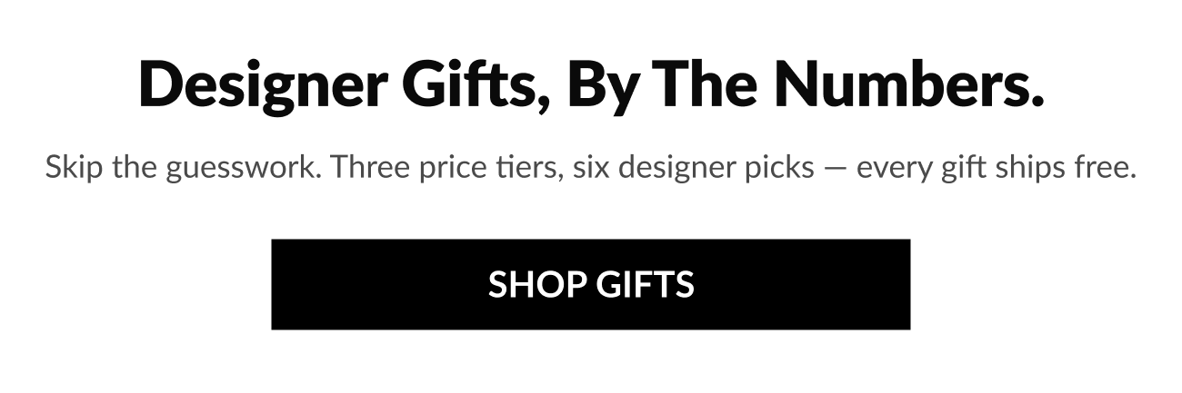 “Designer Gifts, By The Numbers” headline introducing a curated Mother’s Day gift guide featuring luxury designer frames across multiple price tiers with free shipping.