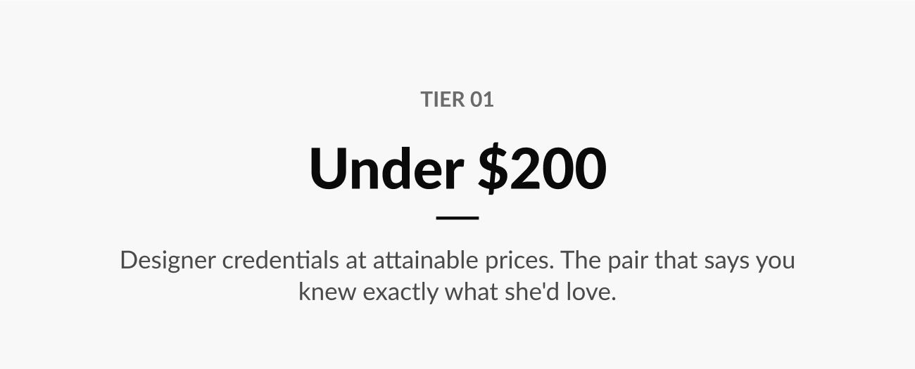 “Under $200” section highlighting attainable designer sunglasses and eyewear gifts with luxury appeal.