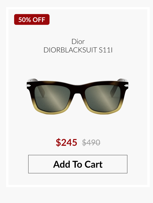 Dior BLACKSUIT S11I sunglasses with a 50% off promotional badge, discounted pricing, and an "Add To Cart" button.
