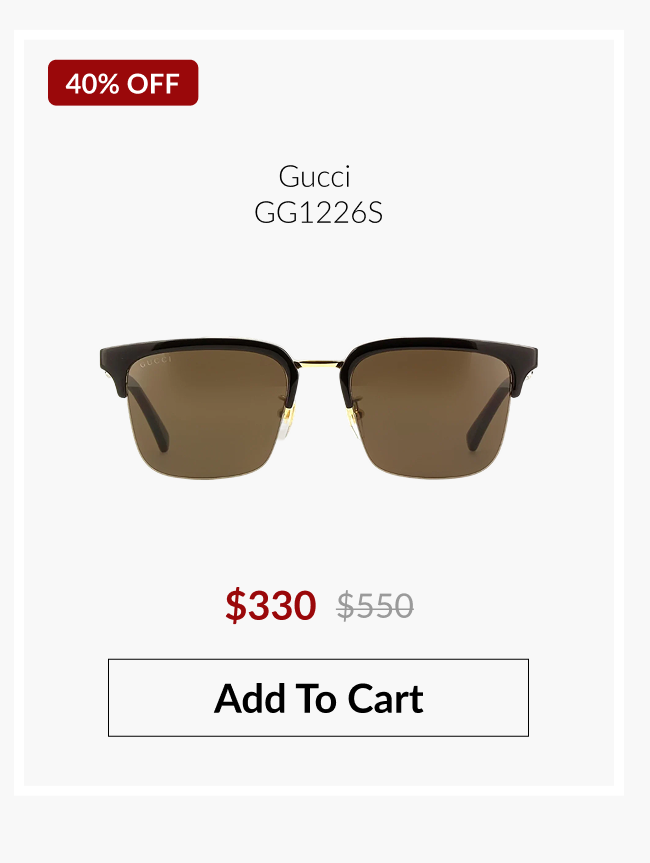 Gucci GG1226S sunglasses with a 40% off promotional badge, discounted pricing, and "Add to Cart" button.