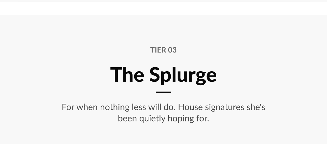 “The Splurge” section featuring premium designer statement frames for luxury gifting occasions.