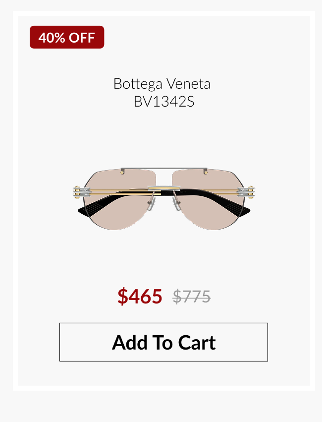 Bottega Veneta BV1342S rimless sunglasses with a 40% off promotional badge, discounted pricing, and an "Add To Cart" button.