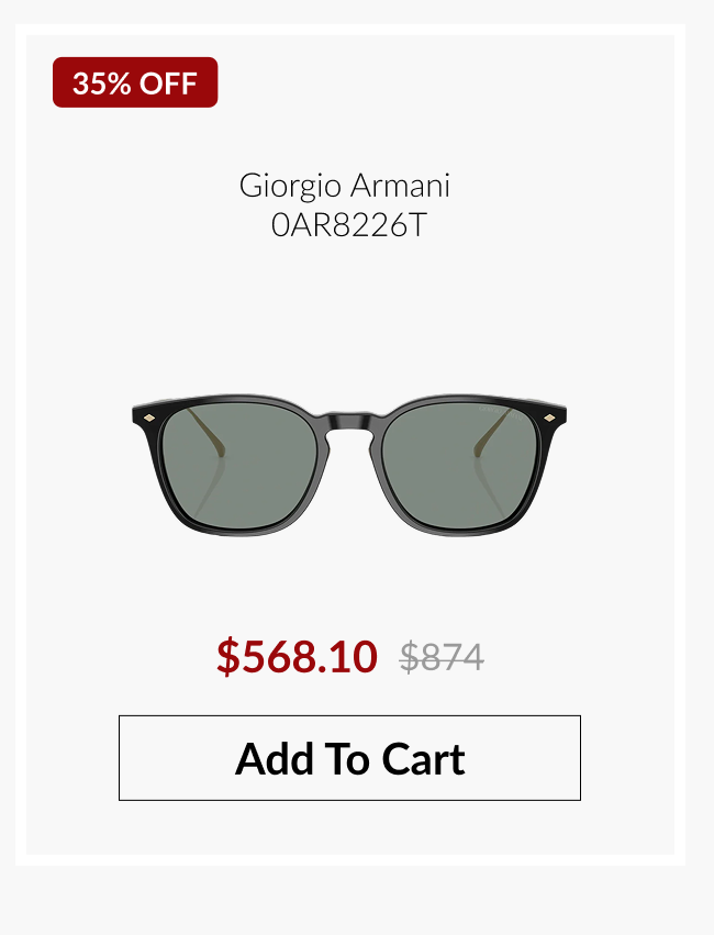 Giorgio Armani 0AR8226T sunglasses with a 35% off promotional badge, discounted pricing, and an "Add To Cart" button.