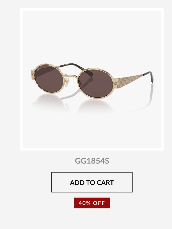 Gucci GG1854S round metal sunglasses with gold detailing and logo-accented temples displayed against a light neutral background with a 40% off promotional badge and add-to-cart button.