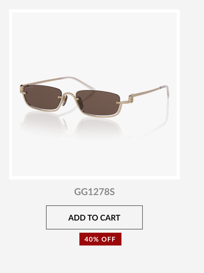 Gucci GG1278S narrow rectangular sunglasses with gold metal framing and brown lenses shown with a 40% off promotional badge and add-to-cart button.