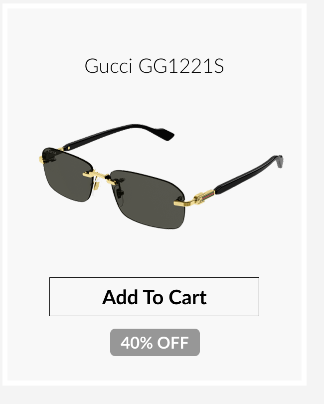 Gucci GG1221S rimless rectangular sunglasses with black lenses, gold hardware accents, and a 40% off promotional badge.