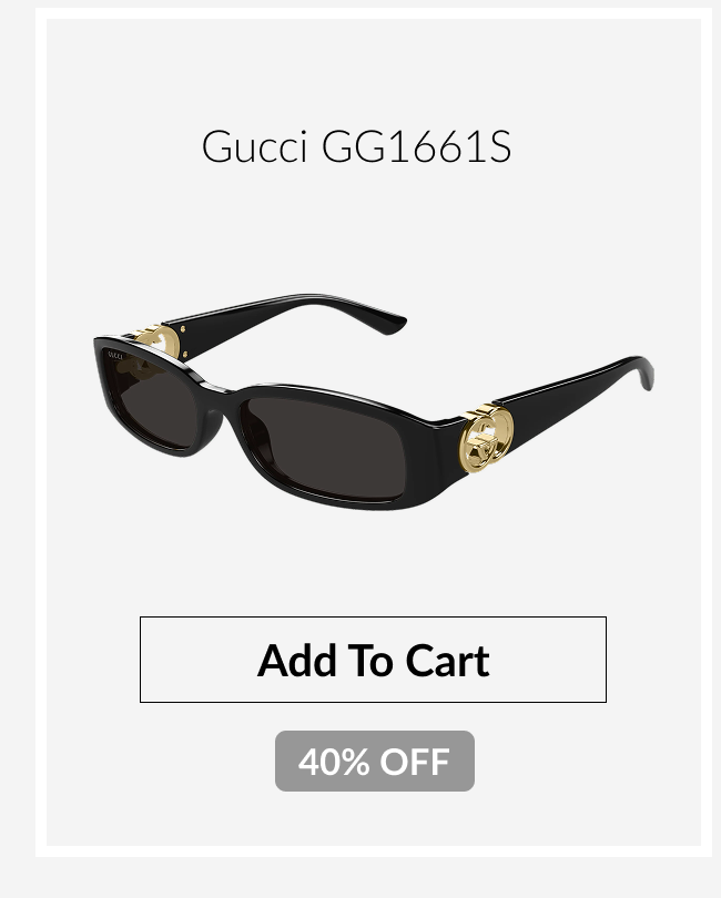 Gucci GG1661S oversized black rectangular sunglasses with gold Gucci logo hardware on the temples and a 40% off promotional badge.