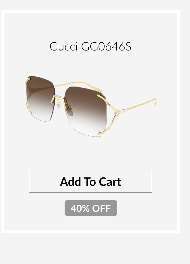 Gucci GG0646S oversized rimless gradient sunglasses with gold metal detailing and a 40% off promotional badge.