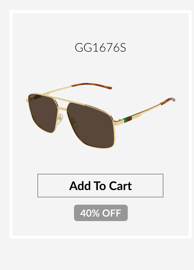 Gucci GG1676S aviator-style sunglasses with gold metal framing, brown lenses, and signature Gucci stripe detailing on the temples alongside a 40% off promotional badge.