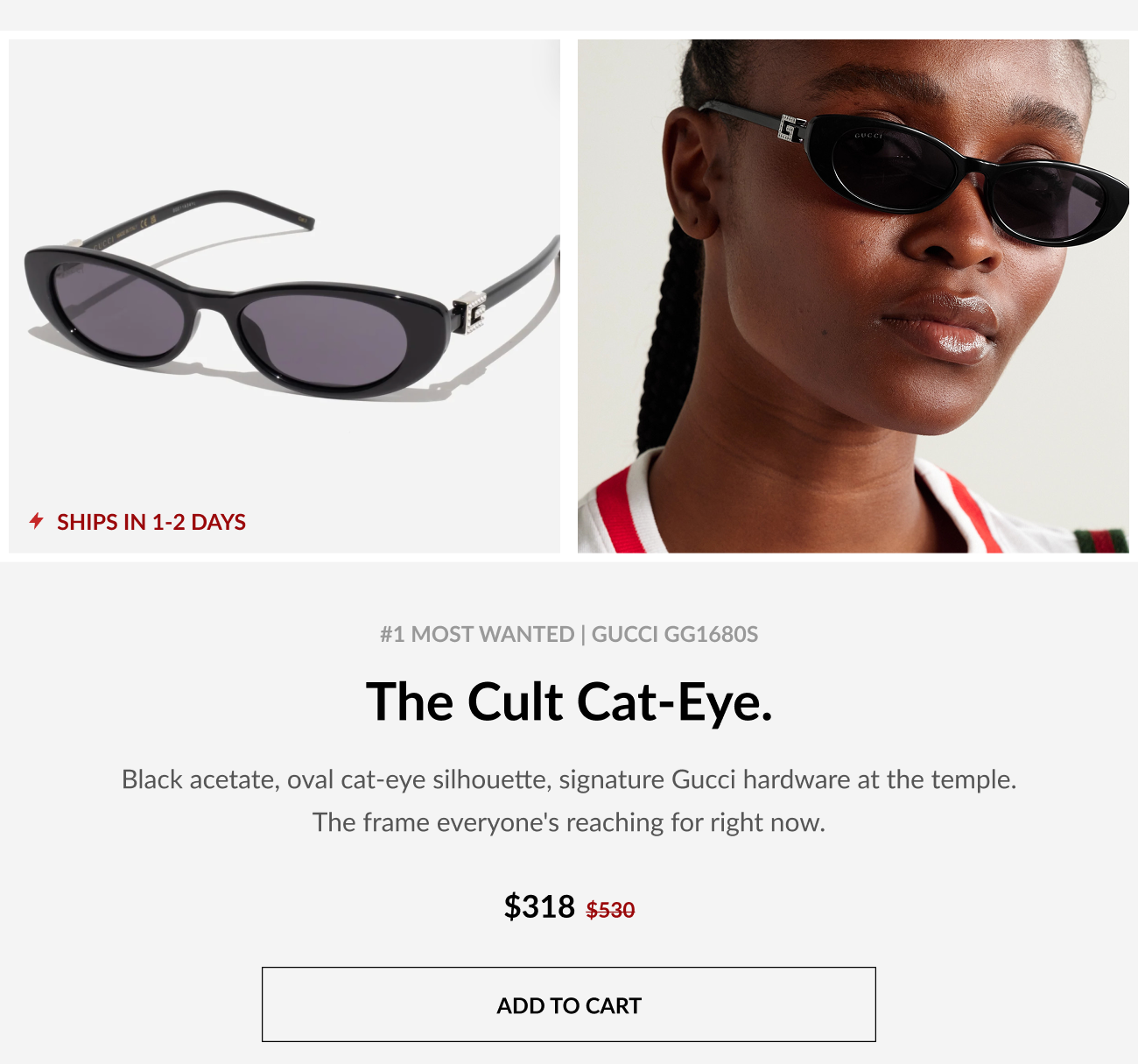 Product images featuring Gucci GG1680S black oval cat-eye sunglasses shown both as a product flat lay and worn by a model. Text highlights the acetate cat-eye silhouette, signature Gucci temple hardware, fast shipping, and 40% off pricing.