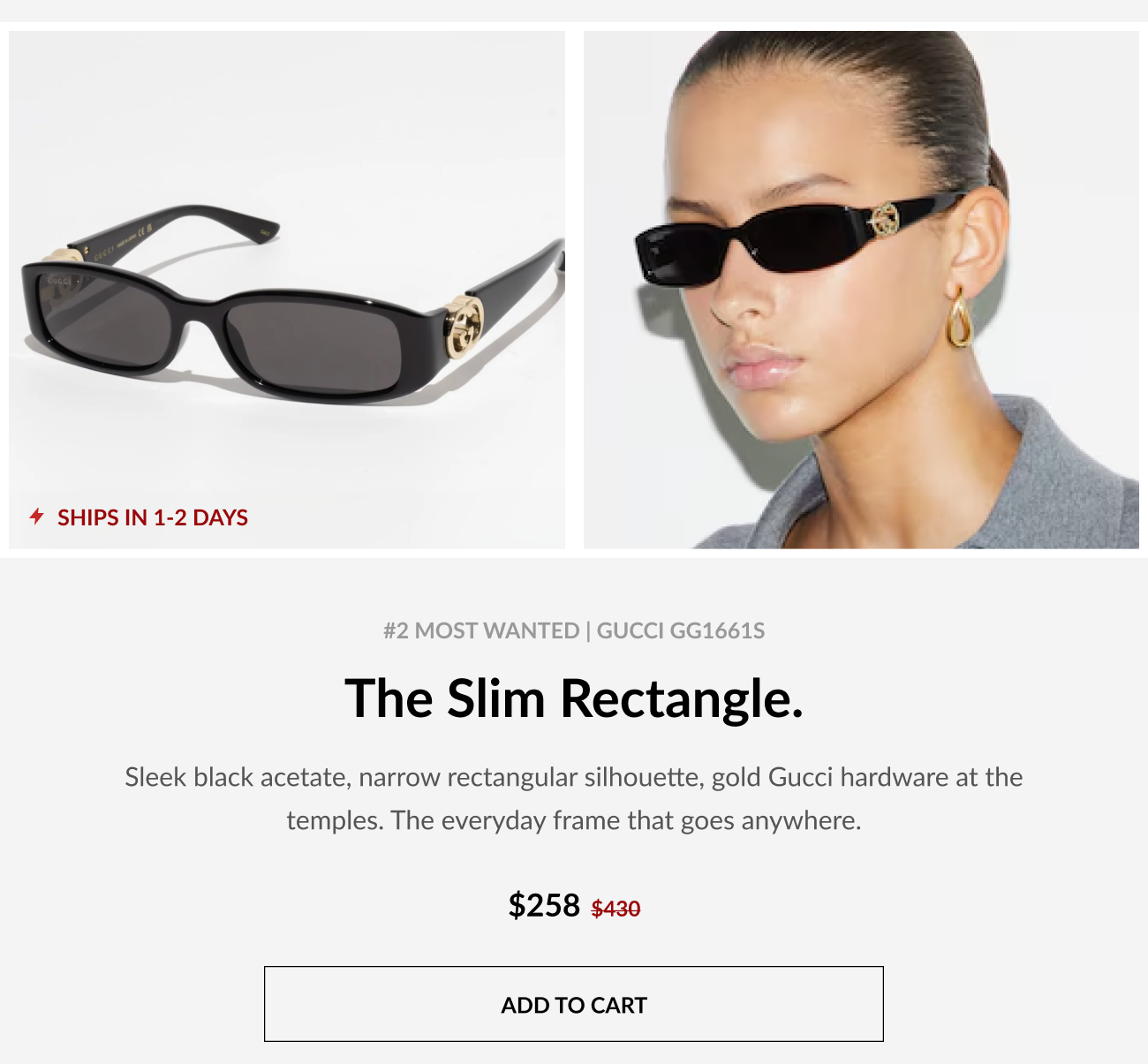 Product image featuring Gucci GG1661S slim rectangular black sunglasses with gold Gucci hardware, displayed as both a product image and styled on a model. Text highlights sleek everyday styling, fast shipping, and 40% off savings.
