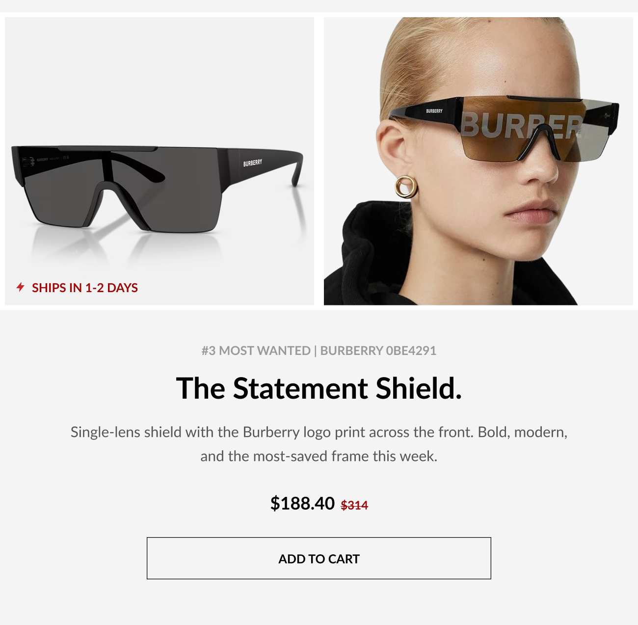 Product images featuring Burberry 0BE4291 oversized shield sunglasses with bold logo detailing across the single shield lens, shown as a product image and worn by a model. Text highlights the statement silhouette, fast shipping, and discounted pricing.