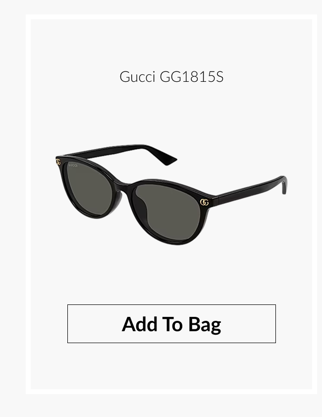 Product image of Gucci GG1815S black cat-eye sunglasses with dark lenses and gold logo accents and "Add to Bag" button.