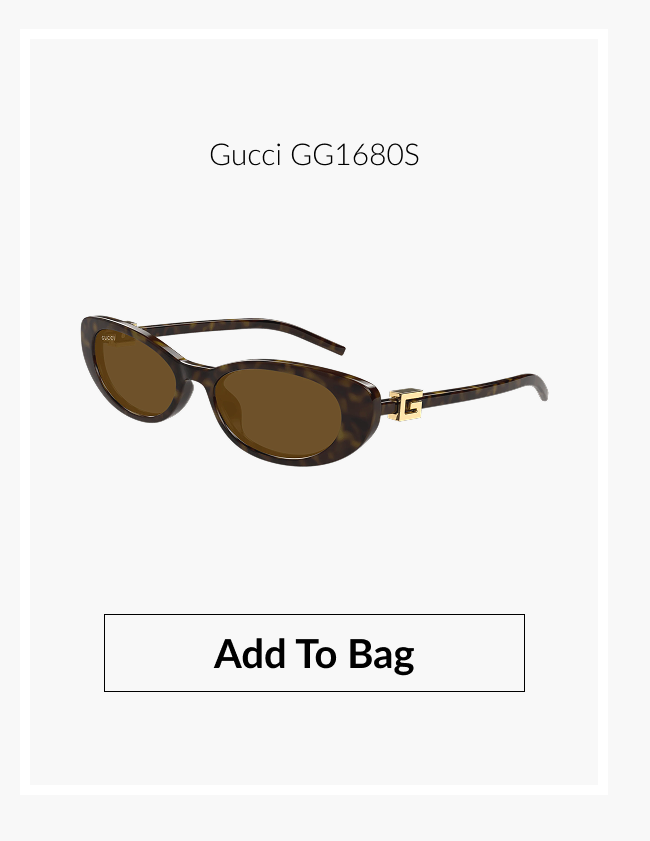 Product image of Gucci GG1680S tortoiseshell oval sunglasses with brown lenses and gold hardware and "Add to Bag" button.