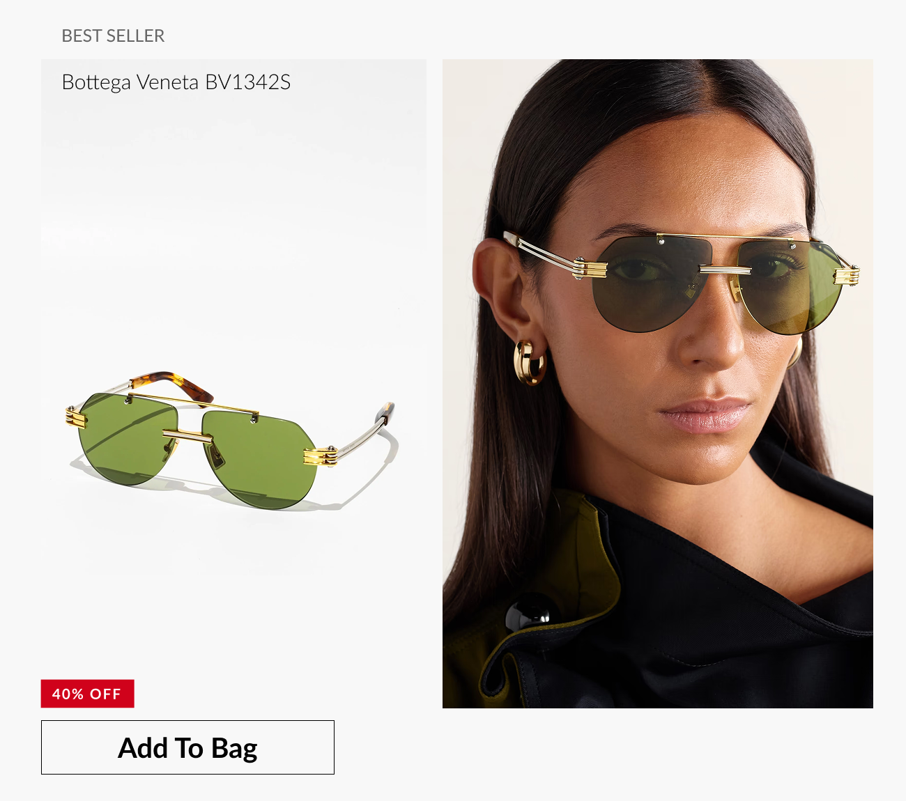 Product image of Bottega Veneta BV1342S green-lens sunglasses shown on model with gold detailing and "Add to Bag" button.
