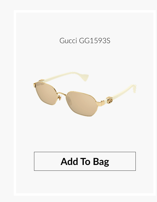 Product image of Gucci GG1593S gold metal sunglasses with cream temples and tinted lenses and "Add to Bag" button.