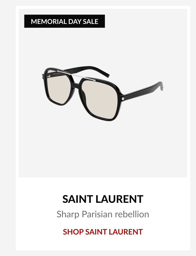 Product tile featuring Saint Laurent designer eyewear with “Sharp Parisian rebellion” branding and Memorial Day Sale promotion.