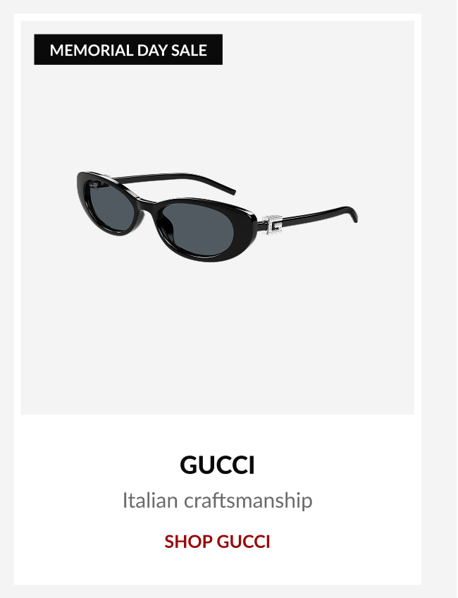 Product tile featuring Gucci sunglasses with “Italian craftsmanship” branding and Memorial Day Sale promotion.