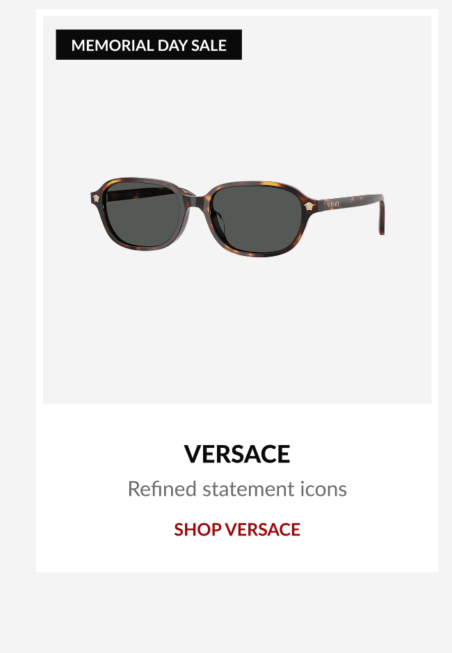 Product tile featuring Versace sunglasses with “Refined statement icons” branding and Memorial Day Sale promotion.
