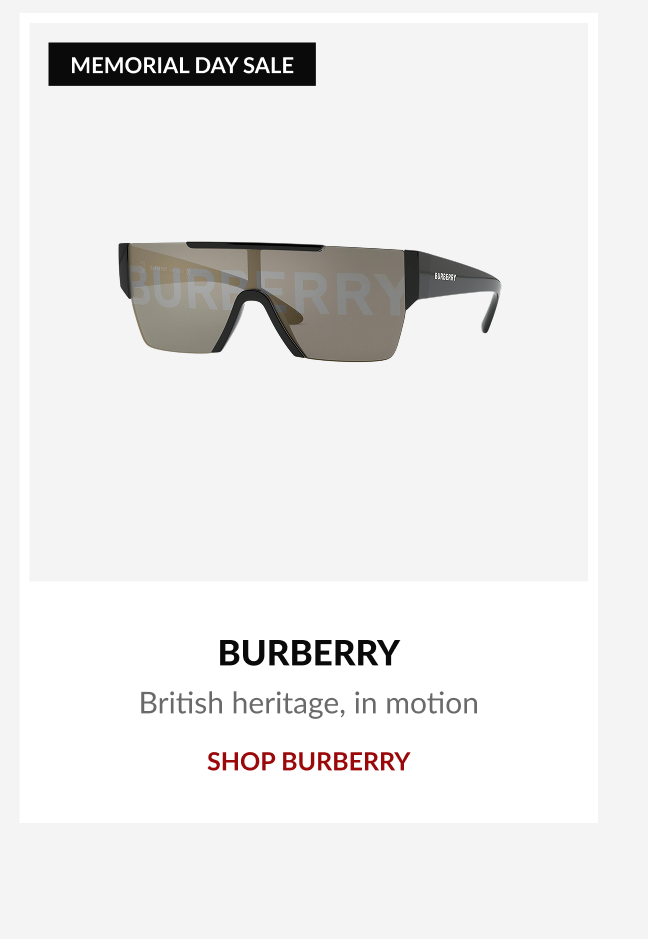 Product tile featuring Burberry shield sunglasses with “British heritage, in motion” branding and Memorial Day Sale promotion.