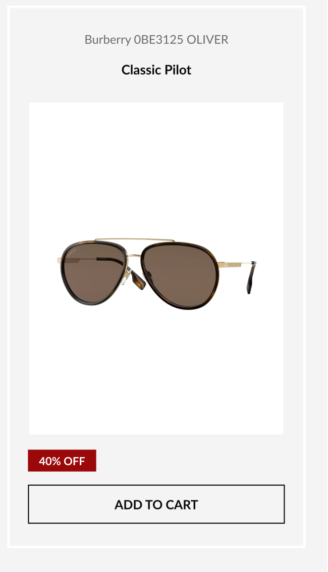 Featured Burberry 0BE3125 OLIVER classic pilot sunglasses with 40% off Memorial Day Sale pricing.