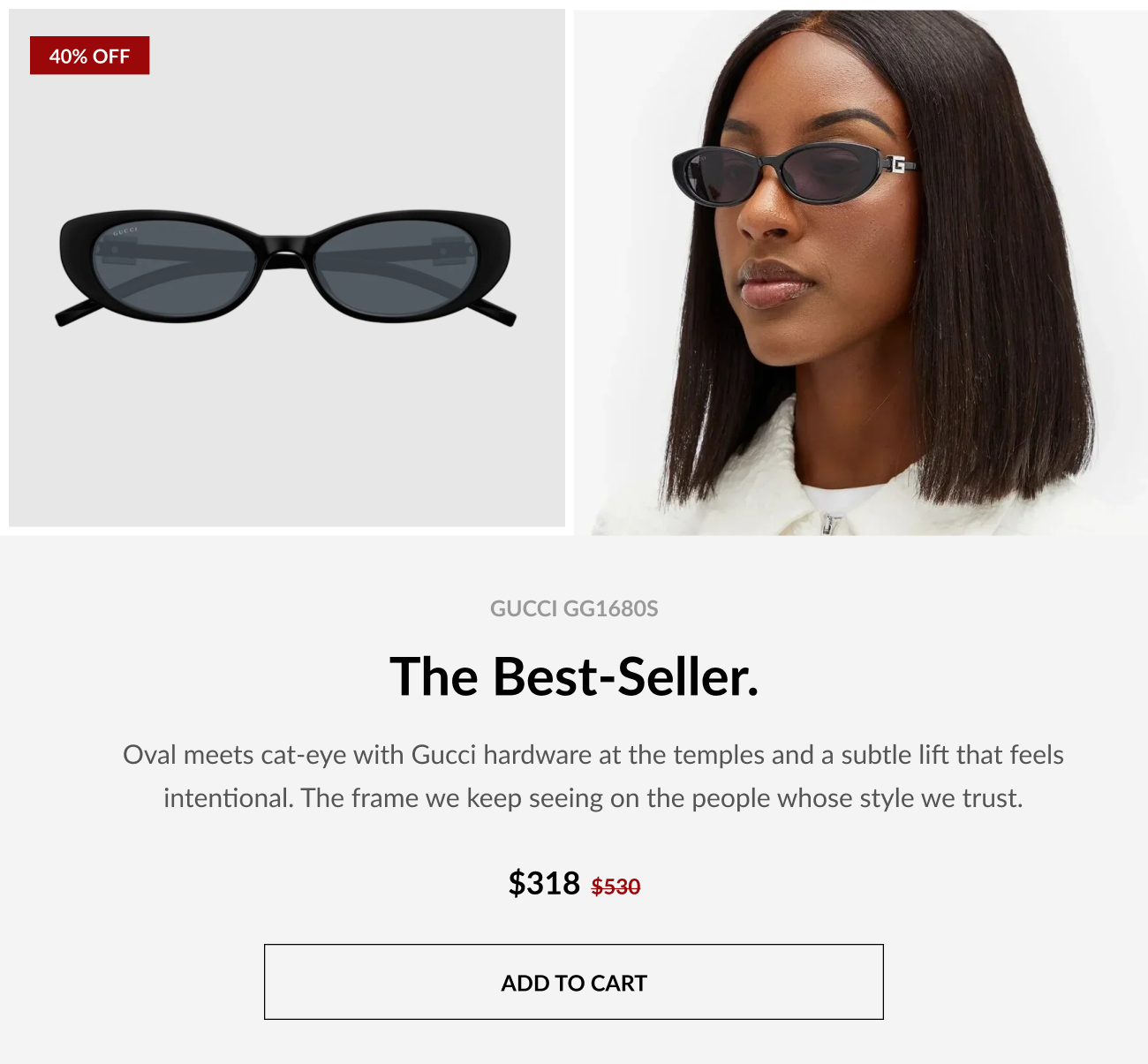 Featured Gucci GG1680S oval cat-eye sunglasses with signature Gucci hardware and 40% off sale pricing alongside model lifestyle imagery.