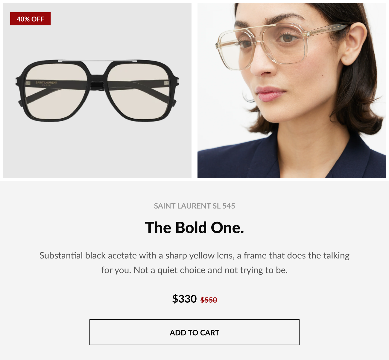 Featured Saint Laurent SL 545 optical frame with bold acetate styling and yellow-tinted lenses, shown with model lifestyle imagery and 40% off pricing.