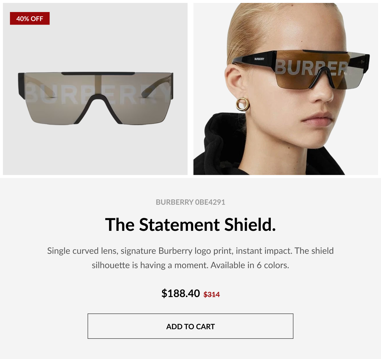Featured Burberry 0BE4291 shield sunglasses with oversized logo lens detail and 40% off sale pricing alongside model lifestyle imagery.