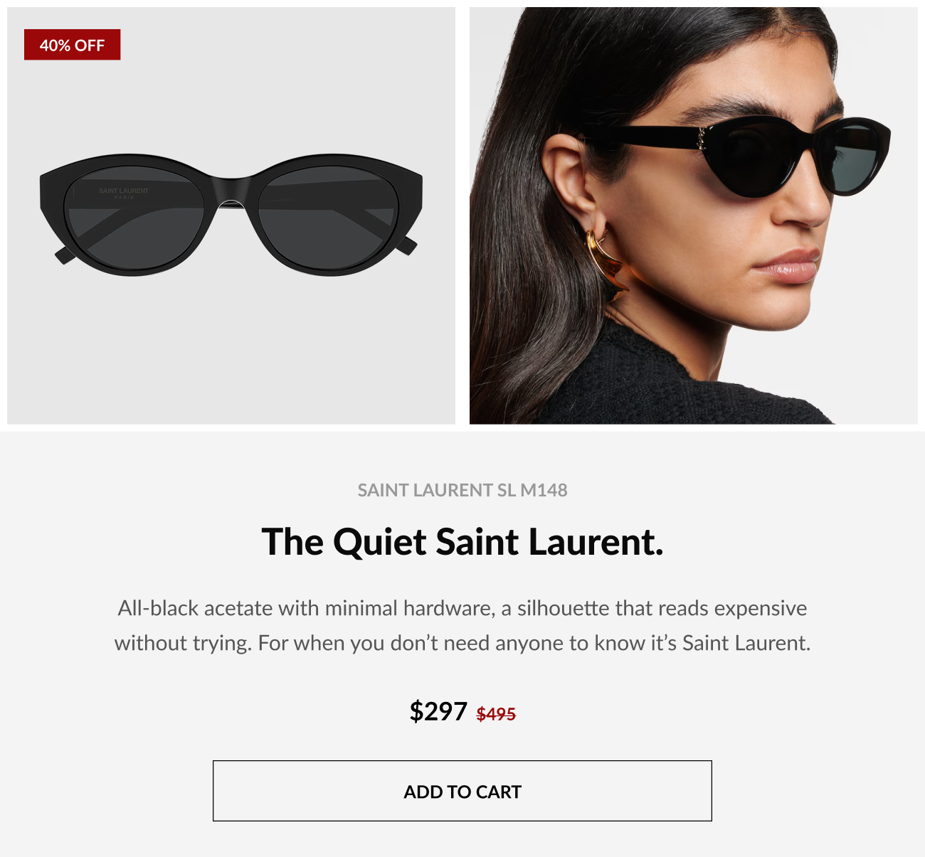 Featured Saint Laurent SL M148 black cat-eye sunglasses with minimal hardware and understated luxury styling, shown with model lifestyle imagery and 40% off pricing.