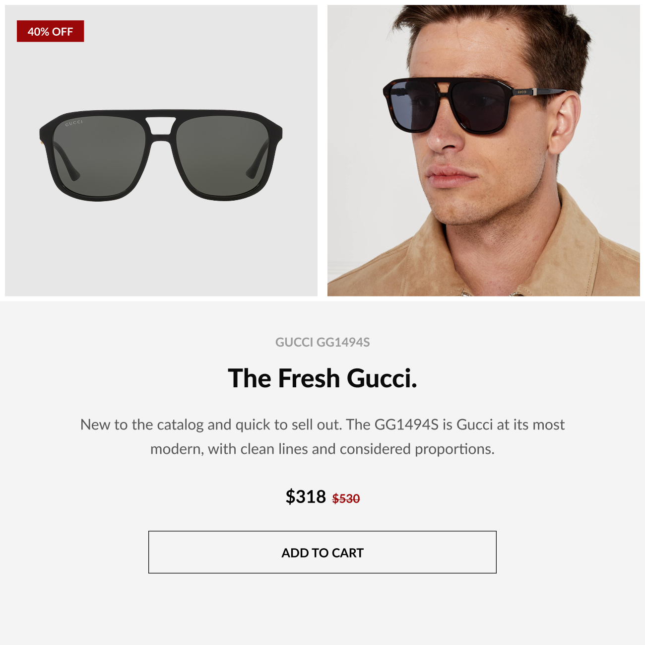 Featured Gucci GG1494S modern square sunglasses with clean lines and contemporary proportions, shown with model lifestyle imagery and 40% off pricing.