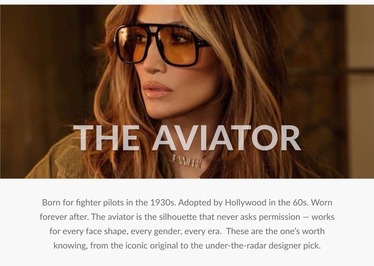 Hero image featuring a model wearing oversized aviator sunglasses with warm amber lenses, introducing the Solstice Sunglasses Aviator Collection.