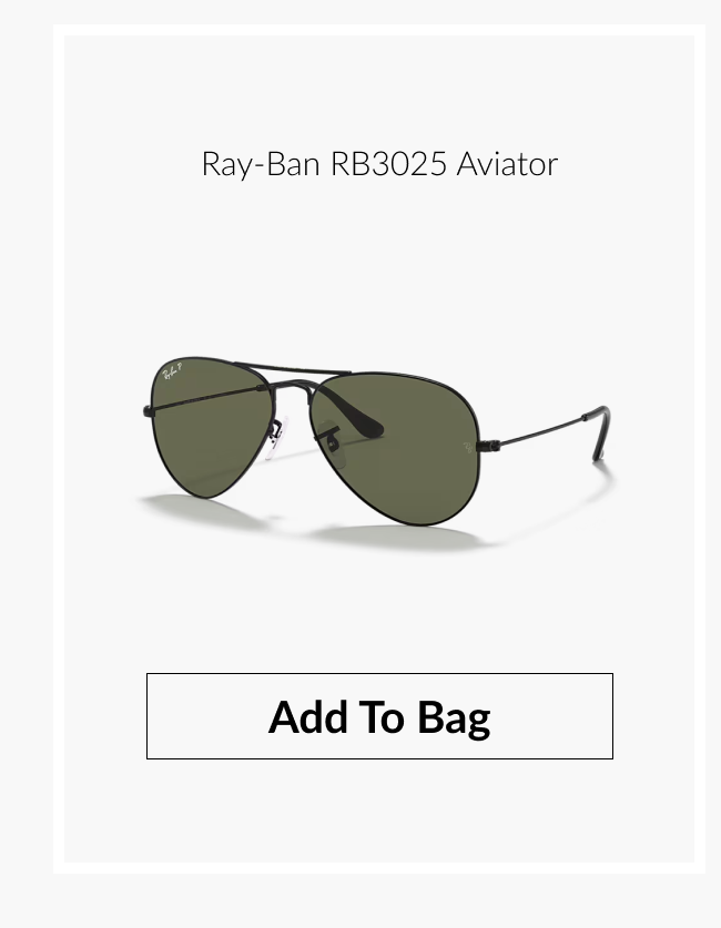 Product image of the Ray-Ban RB3025 Aviator sunglasses featuring a classic metal aviator frame with dark green lenses and "Add To Bag" button.