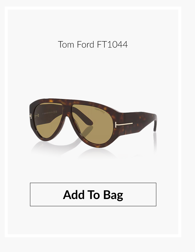 Product image of the Tom Ford FT1044 aviator sunglasses featuring a bold tortoiseshell frame and warm amber-tinted lenses and "Add to Bag" button.