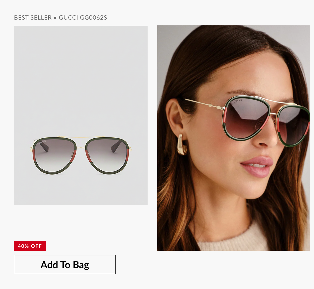Product hero image of Gucci GG0062S oversized aviator sunglasses with green and red detailing alongside a model wearing the frames, featuring a 40% off promotion and “Add To Bag” button.