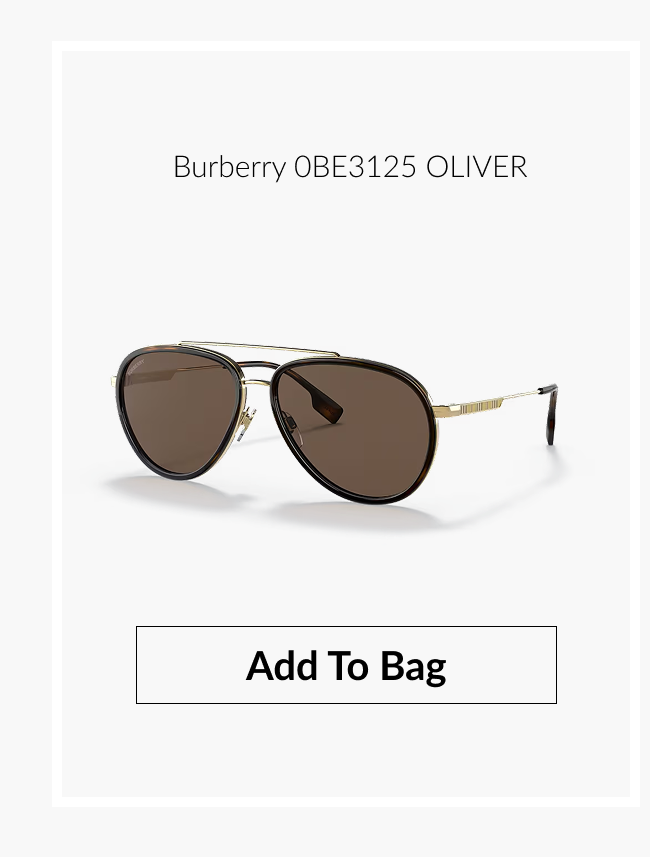 Product image of the Burberry 0BE3125 OLIVER aviator sunglasses featuring a gold-tone metal frame with brown lenses and "Add to Bag" button.