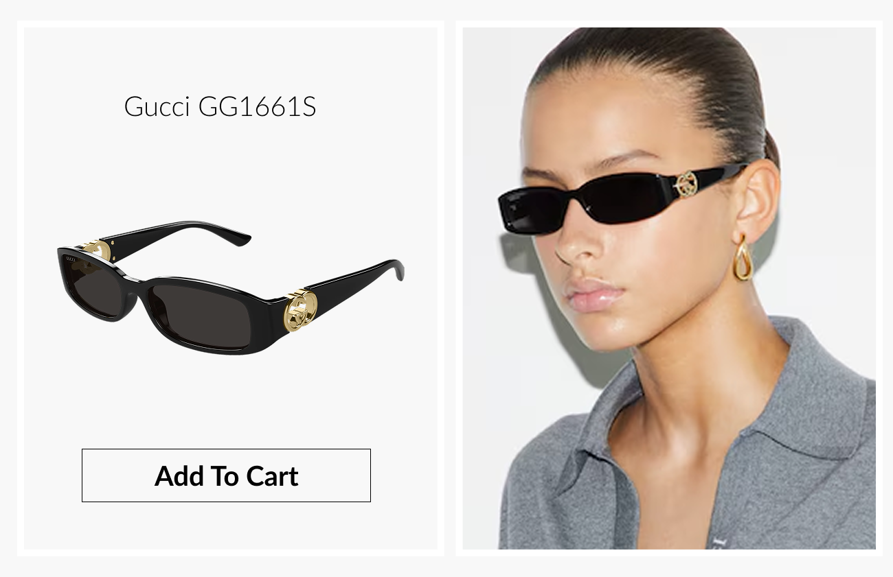 Product image of Gucci GG1661S sunglasses featuring a slim black rectangular frame with gold logo accents beside a model wearing the sunglasses.