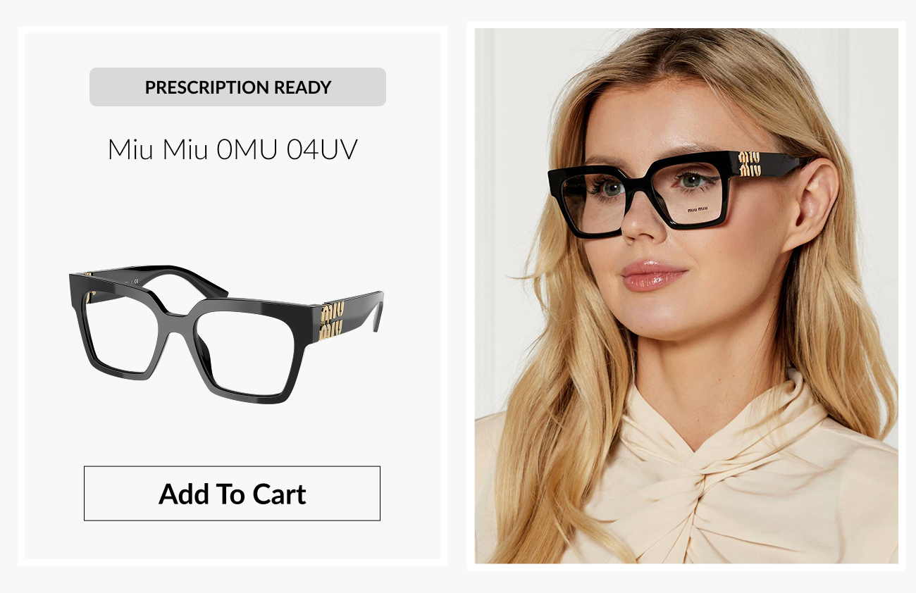Product image of the Miu Miu 0MU 04UV prescription-ready eyeglasses featuring oversized black frames with gold logo detailing.