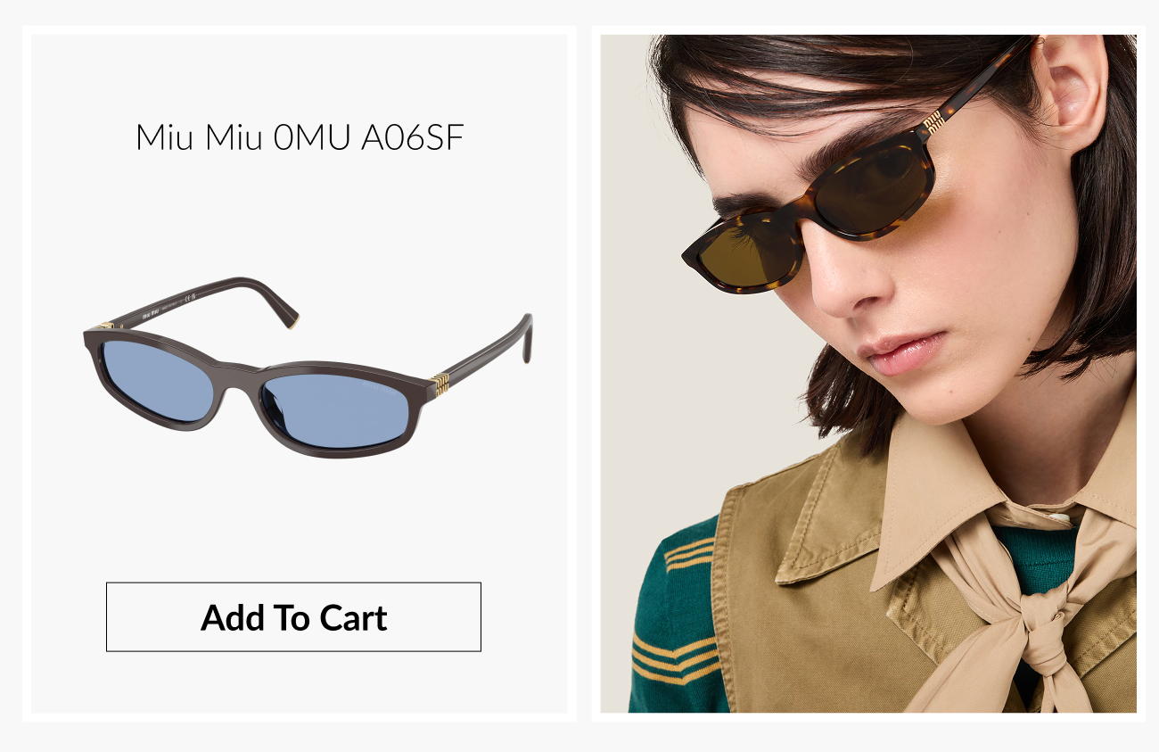 Product image of Miu Miu 0MU A06SF sunglasses featuring a narrow tortoiseshell frame with tinted lenses beside a model wearing the sunglasses.